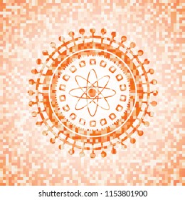 atom icon inside orange mosaic emblem