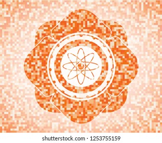 atom icon inside orange tile background illustration. Square geometric mosaic seamless pattern with emblem inside.