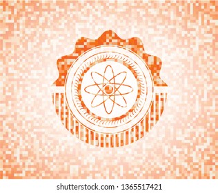 atom icon inside orange tile background illustration. Square geometric mosaic seamless pattern with emblem inside.