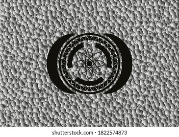 atom icon inside realistic black emblem with grey bubbles background. Vector Illustration. Detailed. 
