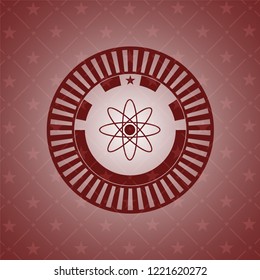 atom icon inside realistic red emblem