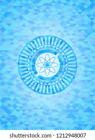 atom icon inside realistic sky blue emblem. Mosaic background