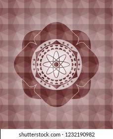 atom icon inside red badge with geometric pattern background. Seamless.