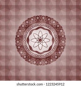 atom icon inside red geometric pattern emblem. Seamless.