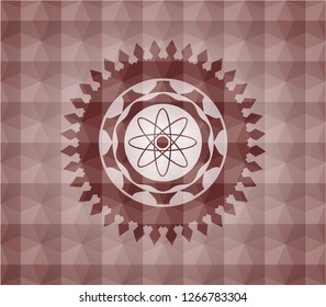 atom icon inside red seamless emblem with geometric pattern background.