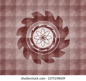 atom icon inside red seamless emblem with geometric pattern. atom icon inside red seamless emblem with geometric pattern.