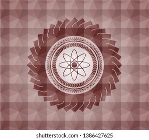 atom icon inside red seamless badge with geometric background.