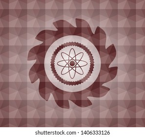 atom icon inside red seamless badge with geometric pattern.