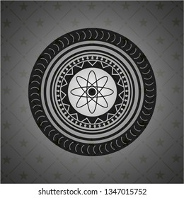 atom icon inside retro style black emblem