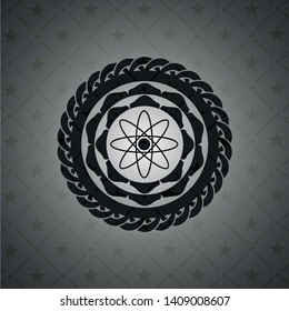 atom icon inside retro style black emblem