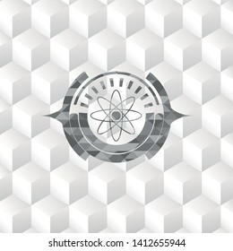 atom icon inside retro style grey emblem with geometric cube white background