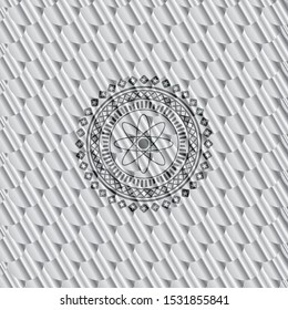 atom icon inside silver color badge. Scales pattern. Vector Illustration. Detailed.