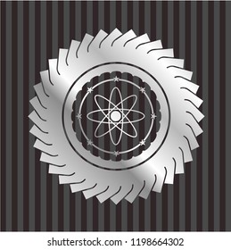 atom icon inside silver shiny emblem