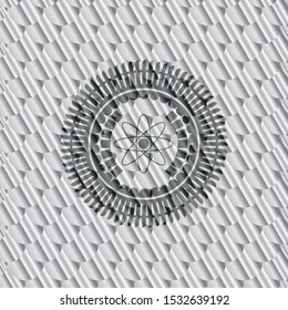 atom icon inside silver shiny emblem. Scales pattern. Vector Illustration. Detailed.