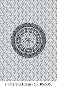 atom icon inside silver shiny badge. Scales pattern. Vector Illustration. Detailed.