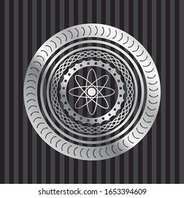 atom icon inside silvery badge