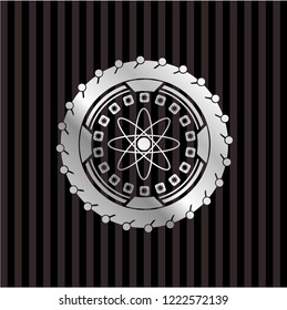 atom icon inside silvery shiny emblem