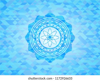 atom icon inside sky blue emblem. Mosaic background