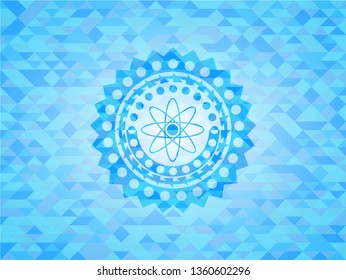 atom icon inside sky blue emblem with mosaic ecological style background