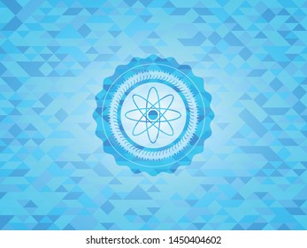 atom icon inside sky blue emblem. Mosaic background