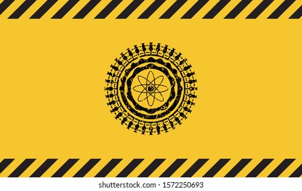 atom icon inside warning sign, black grunge emblem. Vector Illustration. Detailed.