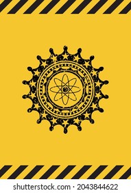 atom icon inside warning sign, black grunge emblem. Vector Illustration. Detailed. 