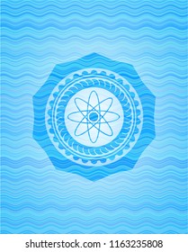atom icon inside water wave concept badge background.