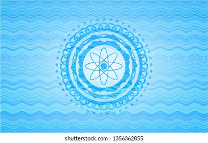 atom icon inside water wave representation emblem background.