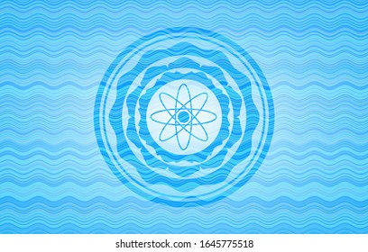 atom icon inside water wave badge.