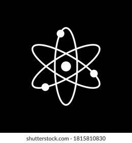 Atom icon isolated on black background. Symbol of science, education, nuclear physics, scientific research. Electrons and protonssign