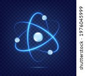 Atom icon isolated on transparent background. Fusion orbit spin. Neon light atomic neutron. Atom blue color. Nuclear atom. 3d cell nucleus. Molecule fusion. Proton core symbol. Ion element. Vector
