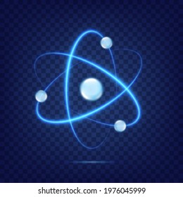 Atom icon isolated on transparent background. Fusion orbit spin. Neon light atomic neutron. Atom blue color. Nuclear atom. 3d cell nucleus. Molecule fusion. Proton core symbol. Ion element. Vector - Shutterstock ID 1976045999
