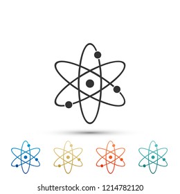 Atom icon isolated on white background. Symbol of science, education, nuclear physics, scientific research. Electrons and protonssign. Set elements in colored icons. Flat design. Vector Illustration