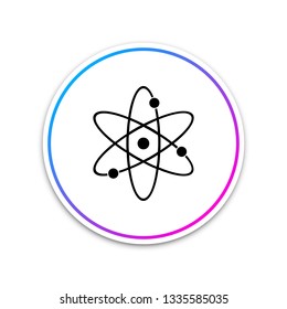 Atom icon isolated on white background. Symbol of science, education, nuclear physics, scientific research. Electrons and protonssign. Circle white button. Vector Illustration