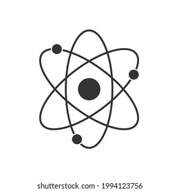 Icono de átomo aislado en fondo blanco. Estructura del núcleo del átomo. Alrededor del átomo, ondas gamma, protones, neutrones y electrones. Ilustración del vector