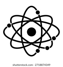 Ícone de átomo isolado no fundo branco, símbolo da ciência, física, química, educação, energia nuclear. 