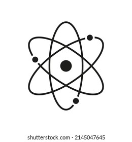 Atom icon. Atom isolated symbol. Nuclear science. Nucleus of proton. Core of neutron. Molecule of life. Pictogram for physics, energy, medicine and chemistry. Vector.