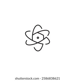 Atom icon. Atom isolated symbol. Nuclear science. Nucleus of proton. Core of neutron. Molecule of life. Pictogram for physics, energy, medicine and chemistry. Vector illustration