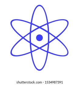  Atom icon isolated. Symbol of science, education, nuclear physics, scientific research. Electrons and protonssign. Purple hexagon button. Vector Illustration