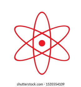  Atom icon isolated. Symbol of science, education, nuclear physics, scientific research. Electrons and protonssign. Purple hexagon button. Vector Illustration
