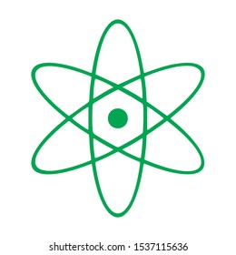  Atom icon isolated. Symbol of science, education, nuclear physics, scientific research. Electrons and protonssign. Purple hexagon button. Vector Illustration