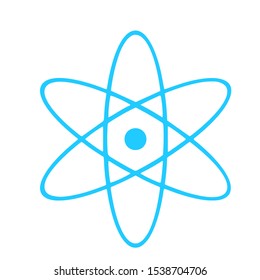  Atom icon isolated. Symbol of science, education, nuclear physics, scientific research. Electrons and protonssign. Purple hexagon button. Vector Illustration
