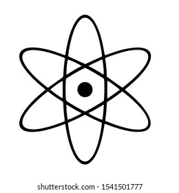  Atom icon isolated. Symbol of science, education, nuclear physics, scientific research. Electrons and protonssign. Purple hexagon button. Vector Illustration
