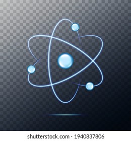 Atom icon. Neon light atomic neutron. Atom blue color. Nuclear atom. 3d cell nucleus. Molecule fusion. Orbit spin. Proton core symbol. Ion element. Science physics. Energy core. Vector illustration