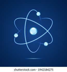 Atom icon. Neon light atomic neutron. Nuclear atom on blue color background. 3d cell nucleus. Molecule fusion. Orbit spin. Proton core symbol. Ion element. Science physics. Energy core. Vector