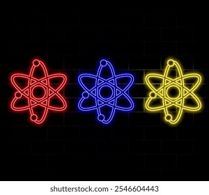 Atom icon. Neon light atomic neutron. Atom blue color. Nuclear atom. 3d cell nucleus. Molecule fusion. Orbit spin. Proton core symbol. Ion element. Science physics. Energy core. Vector illustration.