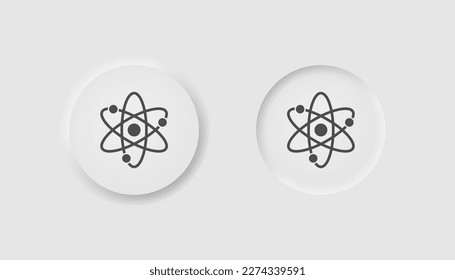 Atom icon in neumorphism style. Icons for business, white UI, UX. Physics symbol. Nuclear energy, biology, molecular chemistry, proton, neutron, . Neumorphic style. 
