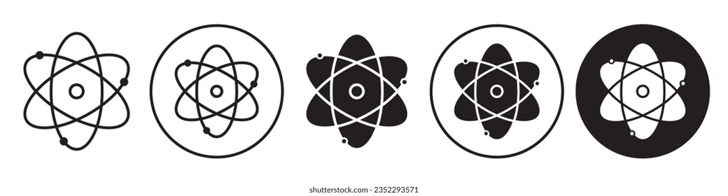 Atom Icon. Nuclear power cell with chemical formula symbol. Vector set of uranium core molecule structure. Flat outline of nucleus electrons and proton biological genetic science. Neutron Flat outline