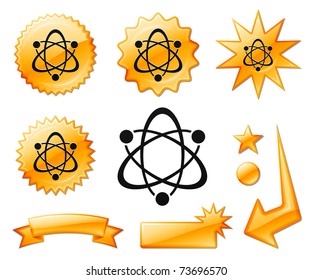 Icono de Átomo en carteles de ráfaga naranja y medallas Ilustración vectorial original