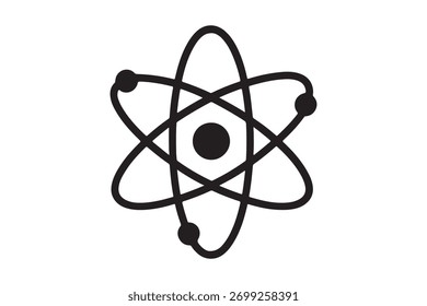 Atom icon with orbiting electrons, simple scientific symbol.